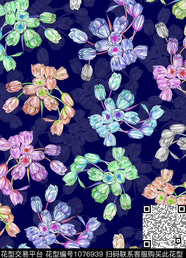 郁金香手绘花卉花卉数码印花花型下载（图片编号: 1076939） - 瓦栏（Walan）