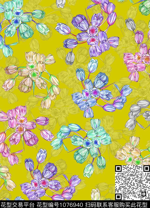 郁金香手绘花卉花卉数码印花花型下载（图片编号: 1076940） - 瓦栏（Walan）