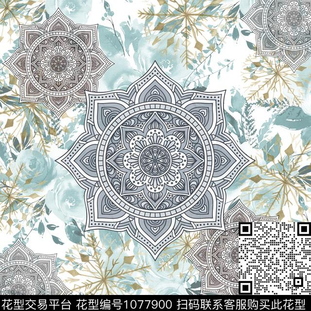 曼陀罗民族风抽象数码印花花型下载（图片编号: 1077900） - 瓦栏（Walan）