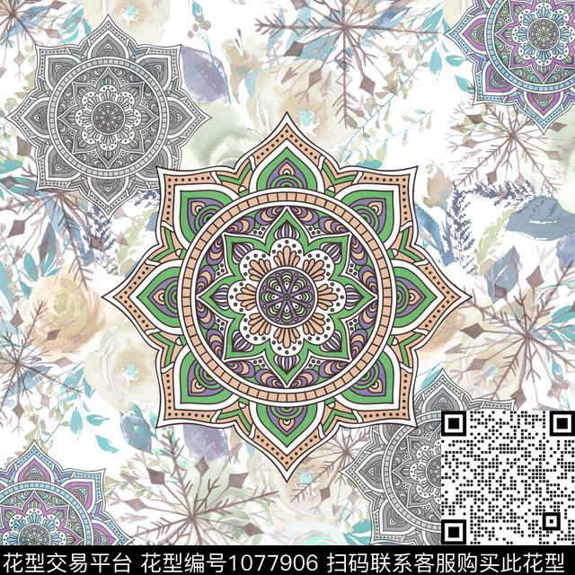 曼陀罗民族风抽象数码印花花型下载（图片编号: 1077906） - 瓦栏（Walan）