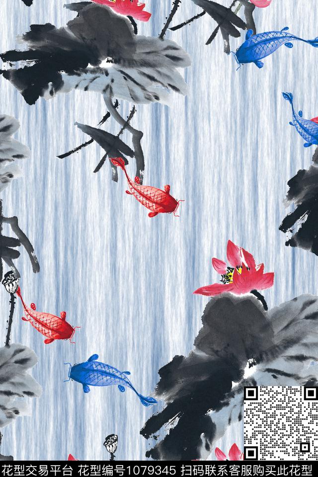 民族风荷花水墨风数码印花花型下载（图片编号: 1079345） - 瓦栏（Walan）