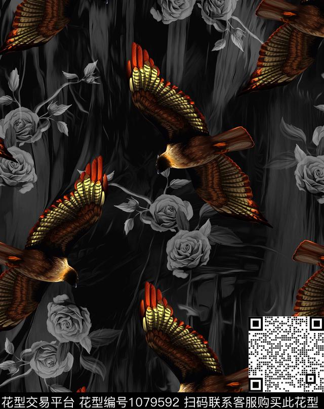 老鹰植物1.jpg - 1079592 - 黑白花型 老鹰 抽象男装 - 数码印花花型 － 男装花型设计 － 瓦栏