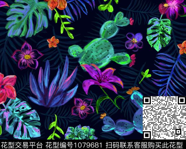 tropical flowers.jpg - 1079681 - 仙人掌 热带花型 手绘花卉 - 数码印花花型 － 女装花型设计 － 瓦栏