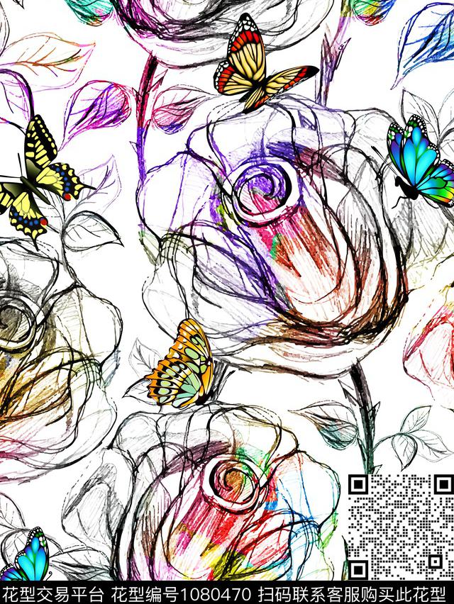 彩色蝴蝶花卉.jpg - 1080470 - 抽象花卉 肌理 线条花卉 - 数码印花花型 － 男装花型设计 － 瓦栏