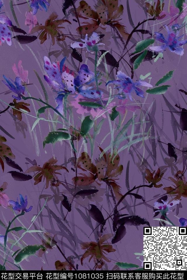 紫色花朵组合1.jpg - 1081035 - 数码花型 手绘花卉 花卉 - 数码印花花型 － 女装花型设计 － 瓦栏