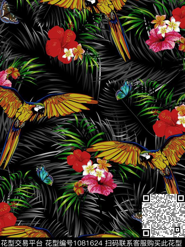 热带鹦鹉.jpg - 1081624 - 植物 棕榈树 鹦鹉 - 数码印花花型 － 男装花型设计 － 瓦栏