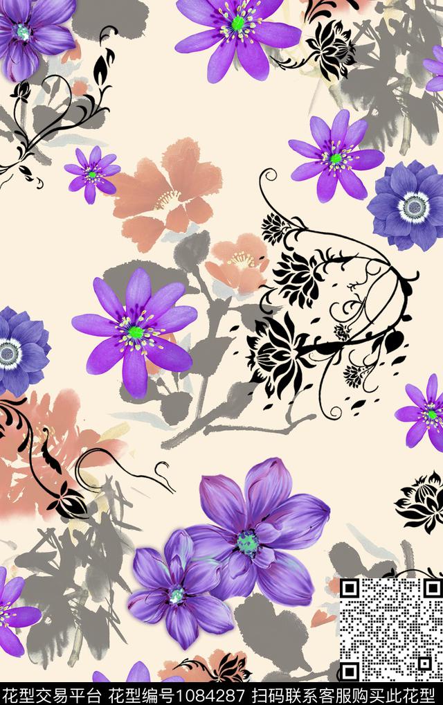 W-180618a.jpg - 1084287 - 中国 数码花型 花卉 - 数码印花花型 － 女装花型设计 － 瓦栏