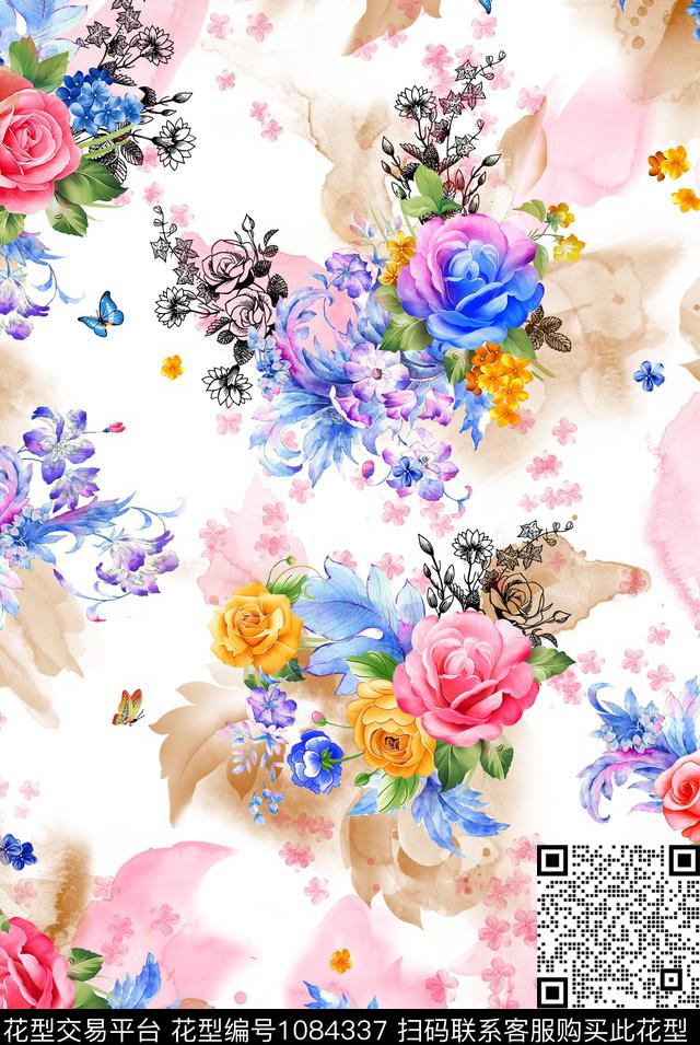 女装手绘花卉玫瑰花数码印花花型下载（图片编号: 1084337） - 瓦栏（Walan）