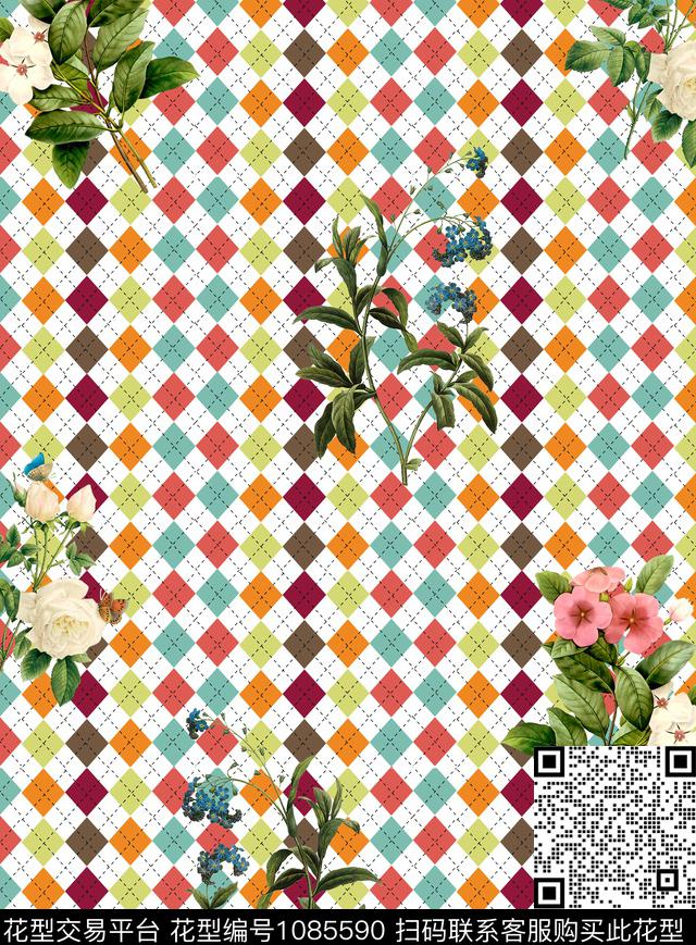 W-180620a.jpg - 1085590 - 格子 素雅 花卉 - 传统印花花型 － 女装花型设计 － 瓦栏