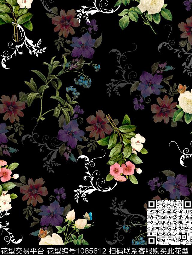 W-180620c.jpg - 1085612 - 黑底花卉 数码花型 花卉 - 数码印花花型 － 女装花型设计 － 瓦栏