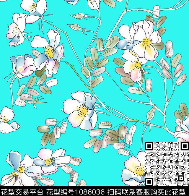 花卉清爽底花卉大牌风传统印花花型下载（图片编号: 1086036） - 瓦栏（Walan）