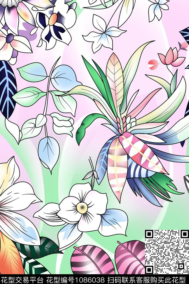 花卉清爽底花卉数码印花花型下载（图片编号: 1086038） - 瓦栏（Walan）