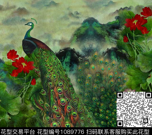 中国风.jpg - 1089776 - 定位花 荷花 孔雀 - 数码印花花型 － 女装花型设计 － 瓦栏