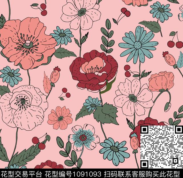 hua4343.jpg - 1091093 - 花卉 粉色 手绘花卉 - 传统印花花型 － 女装花型设计 － 瓦栏