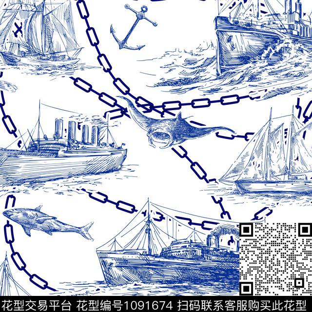 帆船航海.jpg - 1091674 - 船锚 链条 帆船 - 数码印花花型 － 女装花型设计 － 瓦栏