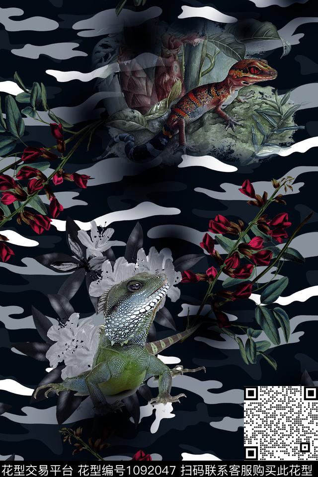 T8075.jpg - 1092047 - 数码花型 植物 蜥蜴 - 数码印花花型 － 男装花型设计 － 瓦栏