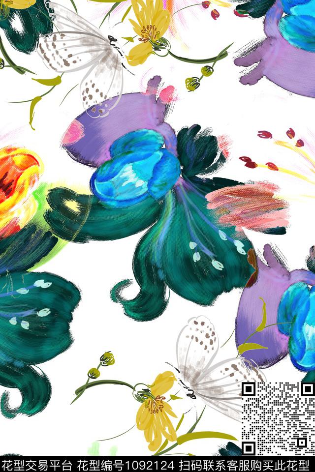 花与蝴蝶.jpg - 1092124 - 数码花型 手绘花卉 女装 - 数码印花花型 － 女装花型设计 － 瓦栏