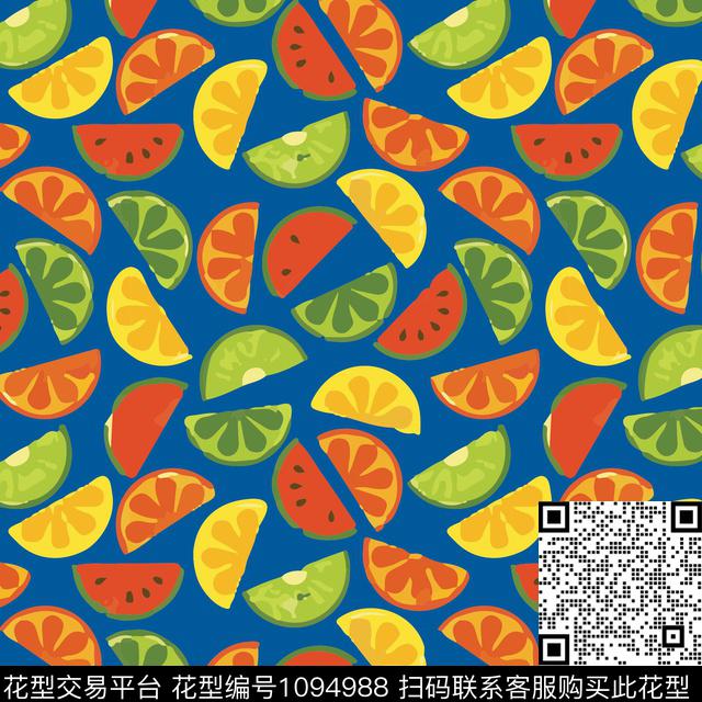西瓜.jpg - 1094988 - 西瓜 蓝色 橙子 - 传统印花花型 － 女装花型设计 － 瓦栏