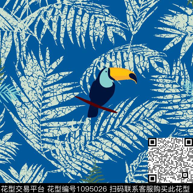 啄木鸟印花-2.jpg - 1095026 - 鸟 啄木鸟 绿植树叶 - 传统印花花型 － 女装花型设计 － 瓦栏