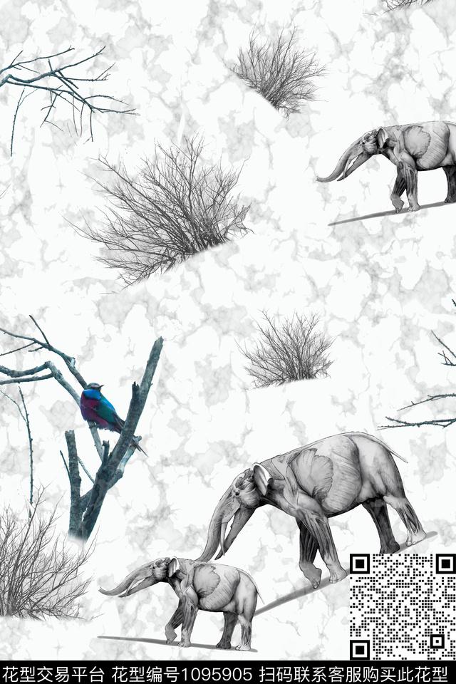 pj115.jpg - 1095905 - 大象 动物 素描 - 数码印花花型 － 女装花型设计 － 瓦栏