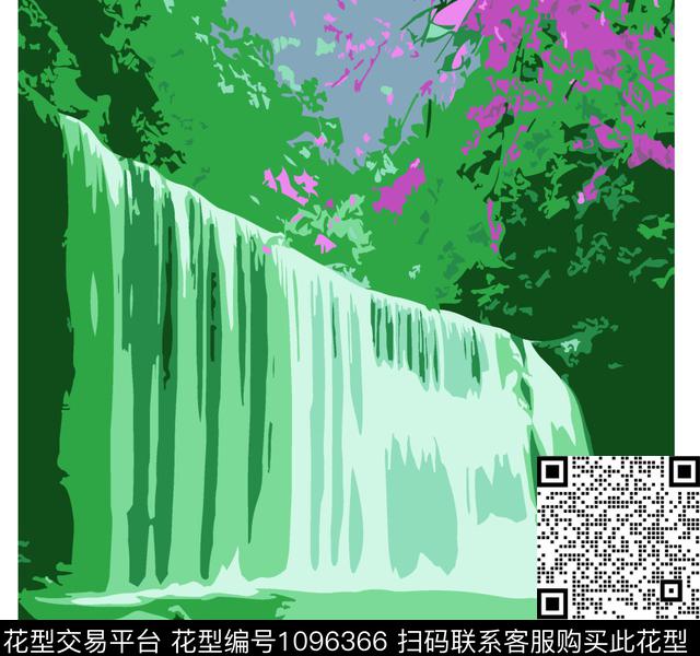 10Y17081574.jpg - 1096366 - 绿色 树林 瀑布 - 传统印花花型 － 箱包花型设计 － 瓦栏