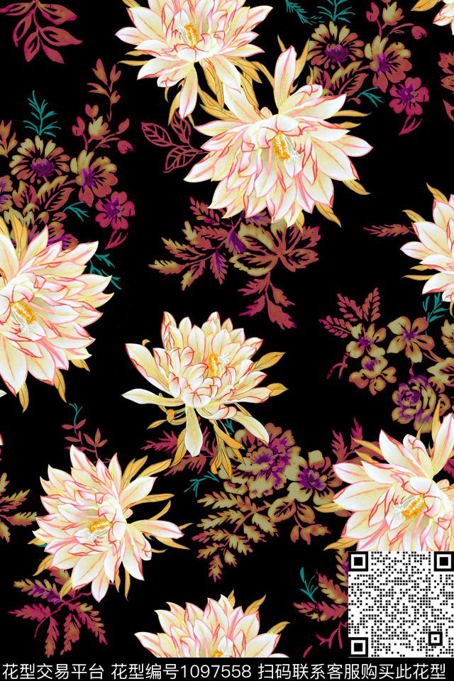 花卉昙花花纹传统印花花型下载（图片编号: 1097558） - 瓦栏（Walan）