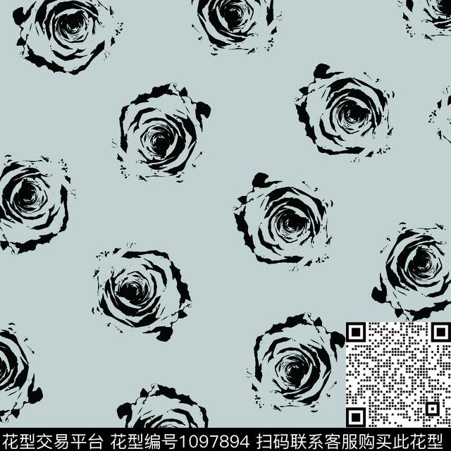 黑色玫瑰.jpg - 1097894 - 抽象花卉 黑白花型 玫瑰花 - 数码印花花型 － 女装花型设计 － 瓦栏
