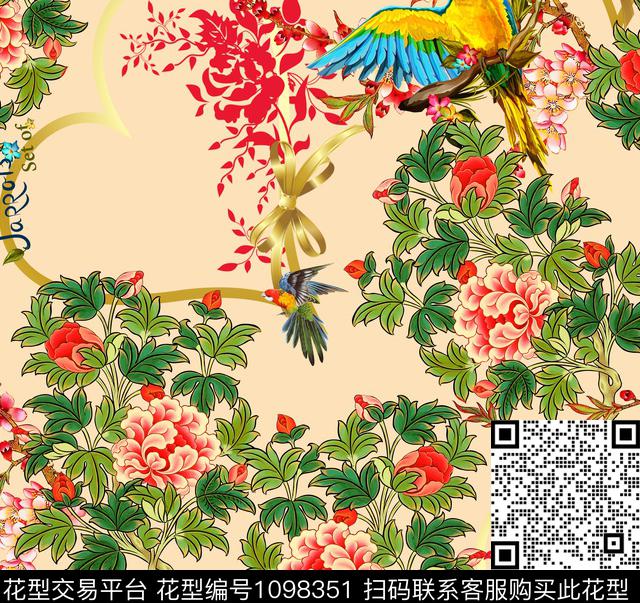 牡丹鹦鹉-黄.jpg - 1098351 - 褪色花卉 淑女 牡丹 - 数码印花花型 － 女装花型设计 － 瓦栏
