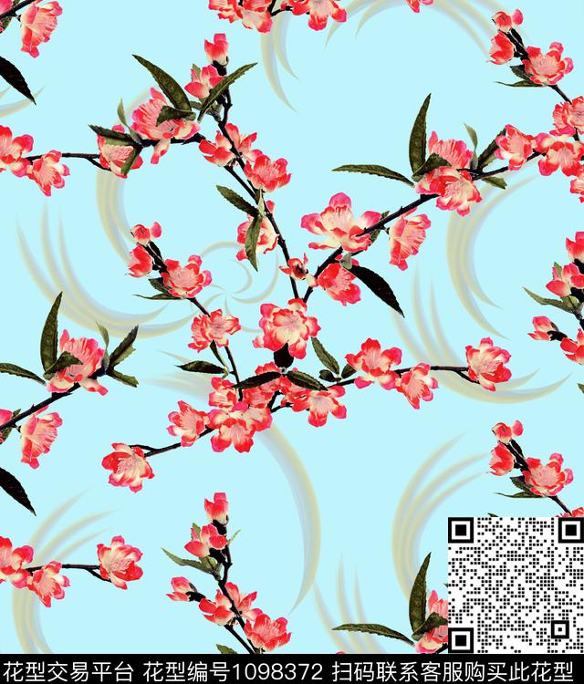 樱花-青.jpg - 1098372 - 花卉 桃花 绿植树叶 - 数码印花花型 － 女装花型设计 － 瓦栏
