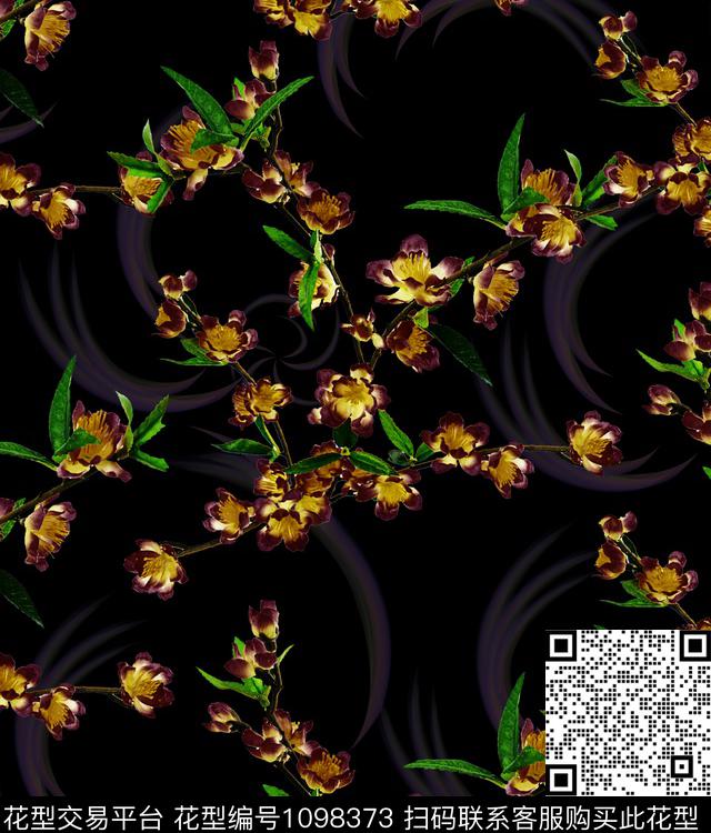 樱花-黑2.jpg - 1098373 - 花卉 桃花 绿植树叶 - 数码印花花型 － 女装花型设计 － 瓦栏