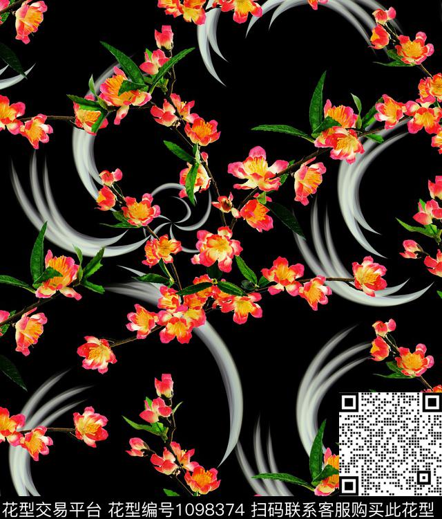 樱花-黑.jpg - 1098374 - 花卉 桃花 绿植树叶 - 数码印花花型 － 女装花型设计 － 瓦栏