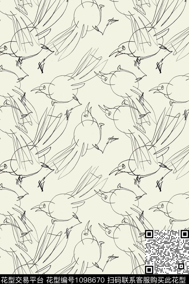 鸟昆虫图案手绘线条笔触签字笔印花传统印花花型下载（图片编号: 1098670） - 瓦栏（Walan）