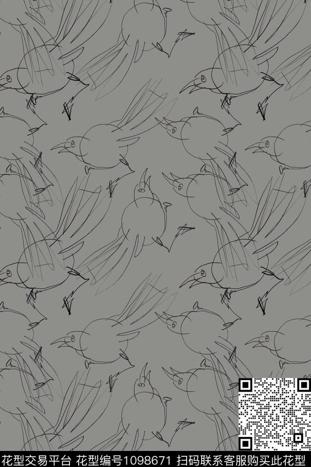 鸟昆虫图案手绘线条笔触签字笔印花传统印花花型下载（图片编号: 1098671） - 瓦栏（Walan）