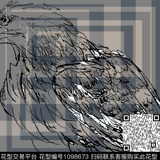 老鹰动物头胸前独幅传统印花花型下载（图片编号: 1098673） - 瓦栏（Walan）