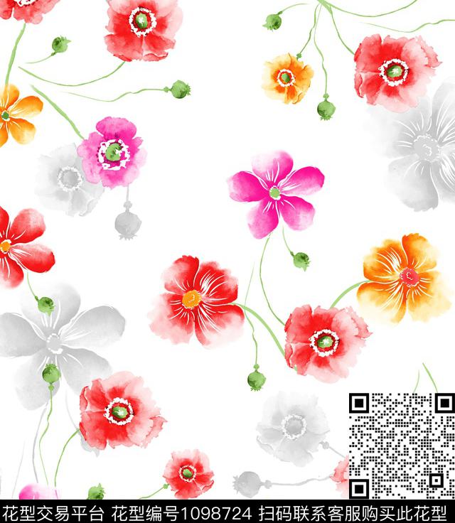 3260574881-5.jpg - 1098724 - 水墨风 大红花 玫红花 - 传统印花花型 － 女装花型设计 － 瓦栏