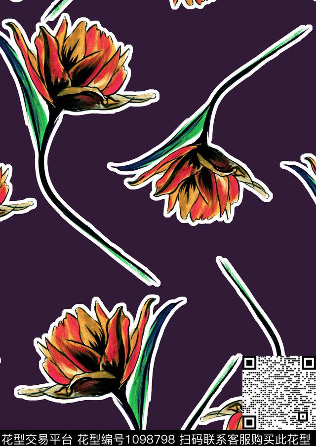 瓦蓝26.jpg - 1098798 - 水彩花卉 手绘花卉 大牌风 - 数码印花花型 － 女装花型设计 － 瓦栏