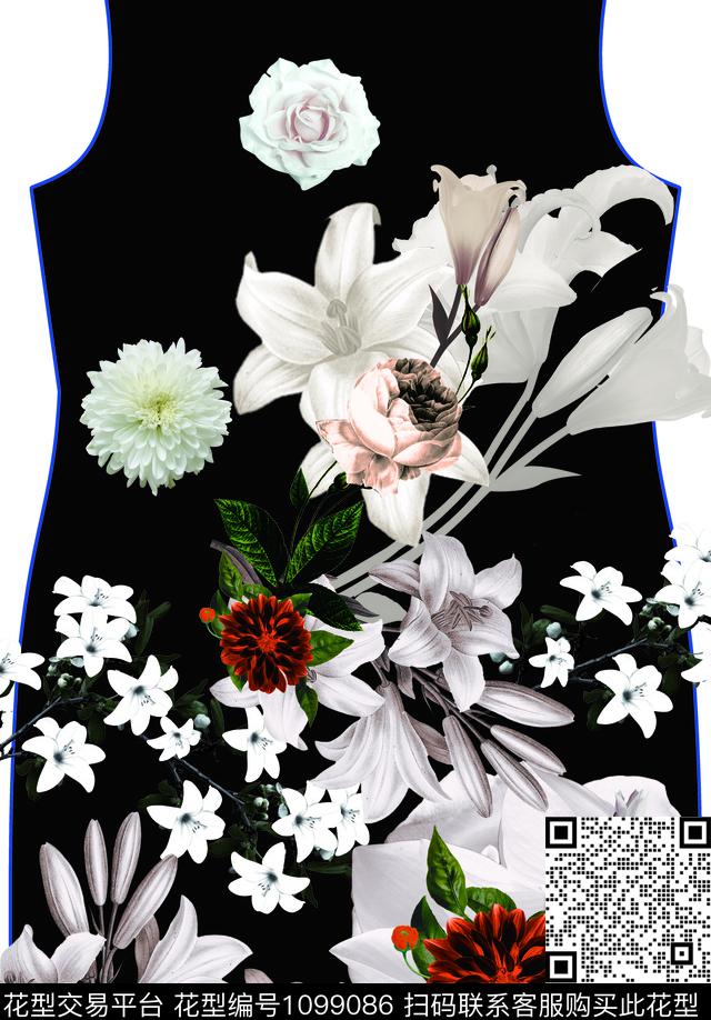 裙子-004黑底.jpg - 1099086 - 温室花卉 小碎花 数码花型 - 数码印花花型 － 女装花型设计 － 瓦栏