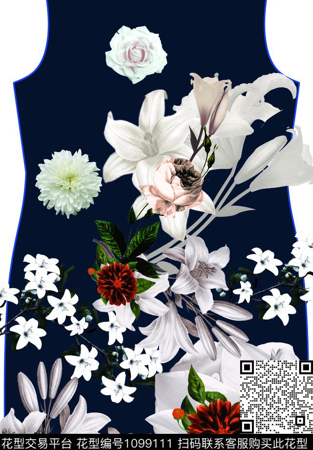 裙子-004深蓝底.jpg - 1099111 - 数码花型 定位花 花卉 - 数码印花花型 － 女装花型设计 － 瓦栏