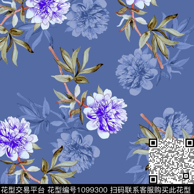 手绘蓝底花卉.jpg - 1099300 - 手绘花卉 蓝色 紫色花 - 数码印花花型 － 女装花型设计 － 瓦栏
