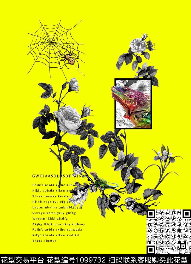 0314-3.jpg - 1099732 - 蜘蛛网手绘蜘蛛 复古怀旧花朵花卉 彩色蜥蜴几何字母 - 数码印花花型 － 男装花型设计 － 瓦栏