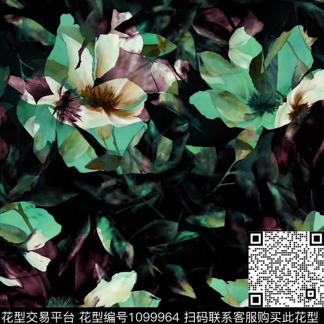 蓝底手绘花.jpg - 1099964 - 抽象花卉 复古 手绘花卉 - 数码印花花型 － 女装花型设计 － 瓦栏