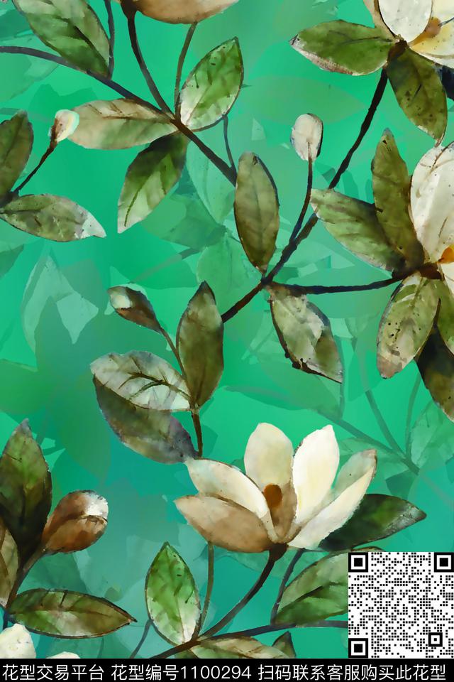 手绘花卉复古彩底花卉数码印花花型下载（图片编号: 1100294） - 瓦栏（Walan）