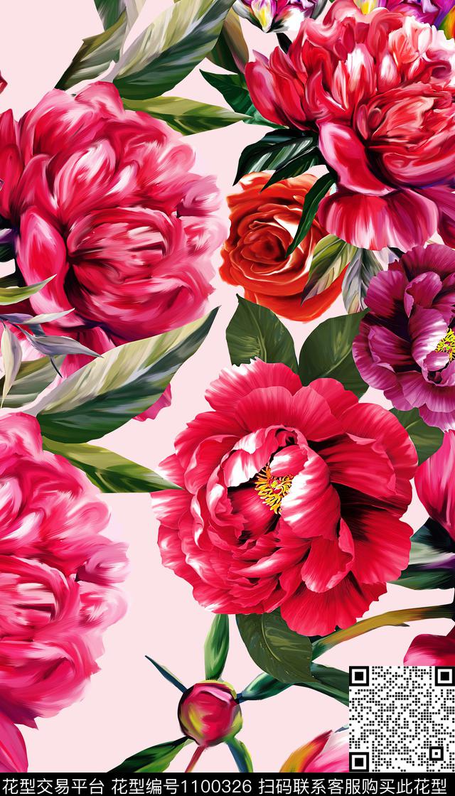 手绘牡丹OK.jpg - 1100326 - 手绘花卉 花卉 牡丹 - 数码印花花型 － 女装花型设计 － 瓦栏
