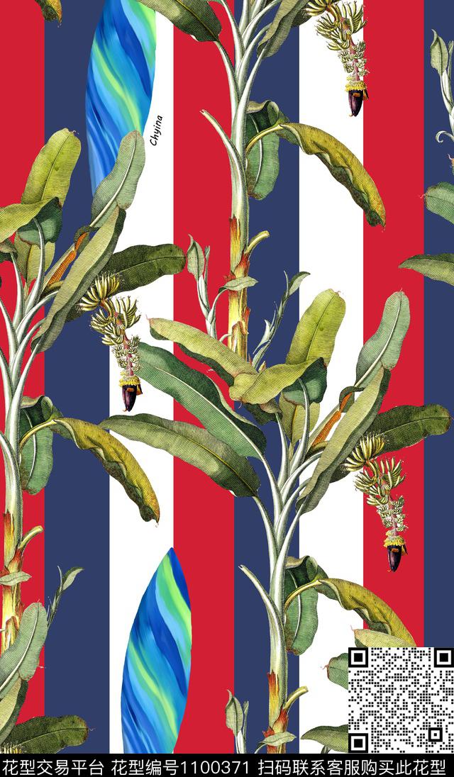 航海风-香蕉.jpg - 1100371 - 条纹 几何 绿植树叶 - 数码印花花型 － 女装花型设计 － 瓦栏