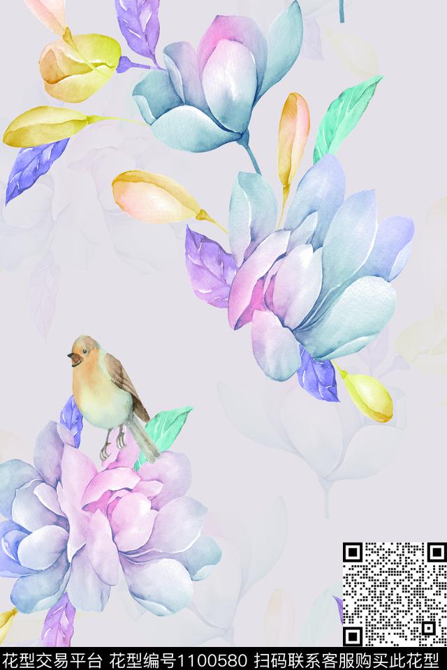 手绘花卉花鸟炫彩数码印花花型下载（图片编号: 1100580） - 瓦栏（Walan）