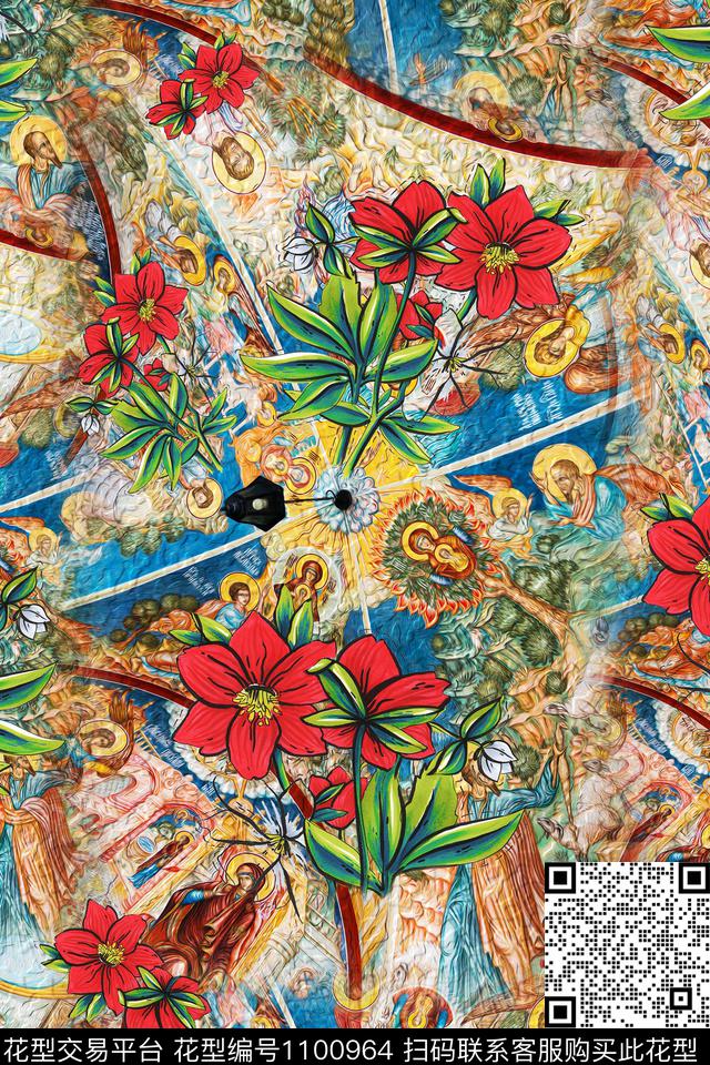 手绘花卉几何复古数码印花花型下载（图片编号: 1100964） - 瓦栏（Walan）