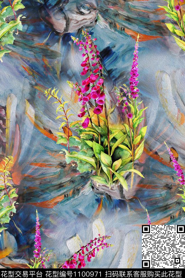 肌理手绘花卉复古数码印花花型下载（图片编号: 1100971） - 瓦栏（Walan）