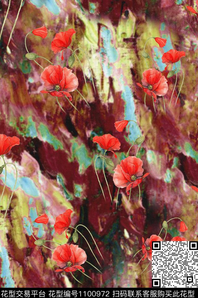 肌理手绘花卉复古数码印花花型下载（图片编号: 1100972） - 瓦栏（Walan）