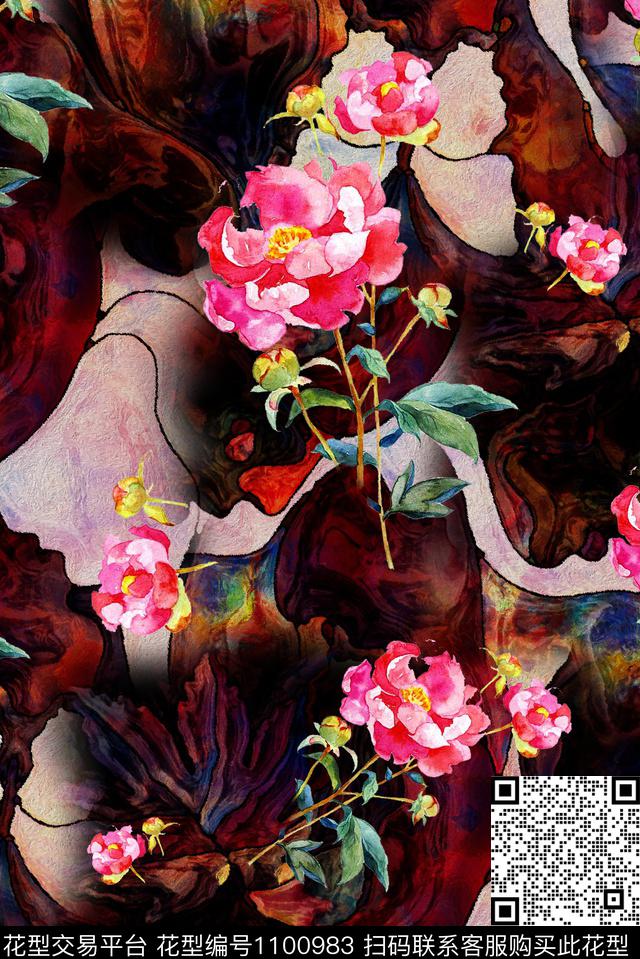 肌理手绘花卉复古数码印花花型下载（图片编号: 1100983） - 瓦栏（Walan）