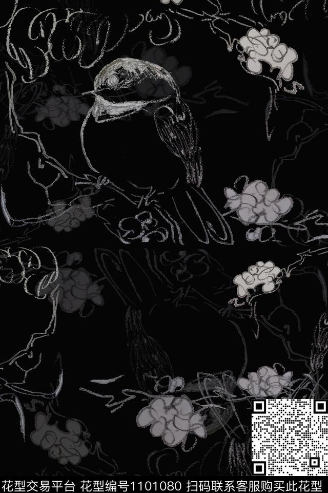 鸟昆虫图案禅意签字笔印花传统印花花型下载（图片编号: 1101080） - 瓦栏（Walan）